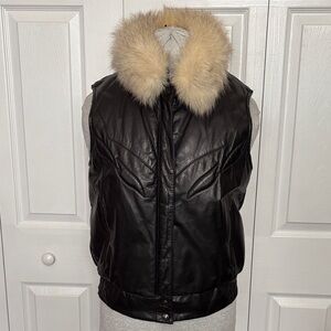 Genuine Leather (Removable Fox Fur Collar) Western Quilted Black Vest w Pockets